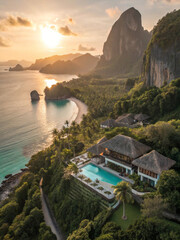 Fototapeta premium Luxury tropical resort with infinity pool overlooking a scenic bay at sunset