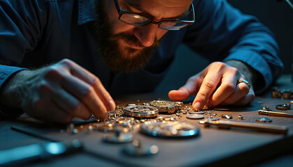 Bearded man with glasses deeply focused on tiny watch parts. Carefully works on complex clock mechanisms. Watchmaker repairs old watches, clocks, assembling small gears, intricate components on