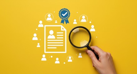 Talent acquisition and recruitment process. A human resources manager uses a magnifying glass to analyze a resume, searching for the ideal candidate for a job opening