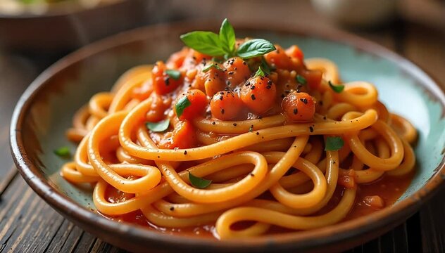 Traditional bucatini all&rsquo;Amatriciana served hot on rustic ceramic plate with cracked pepper garnish 
