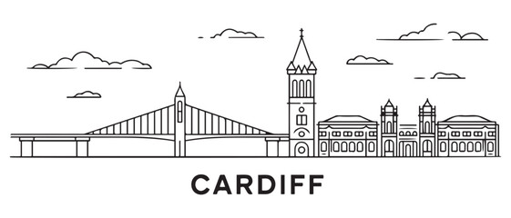 Obraz premium Cardiff Line Art skyline horizontal banner. Cardiff, Wales. Vector template for your design. with white background