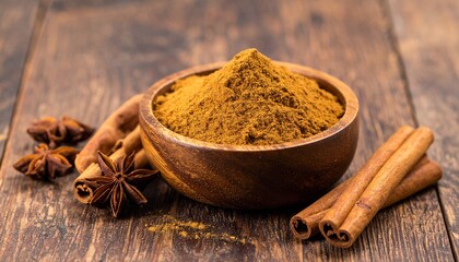 Cinnamon Sticks and Powder in Rustic Wooden Bowl for Premium Spice Object and Traditional Culinary Ingredient Concept