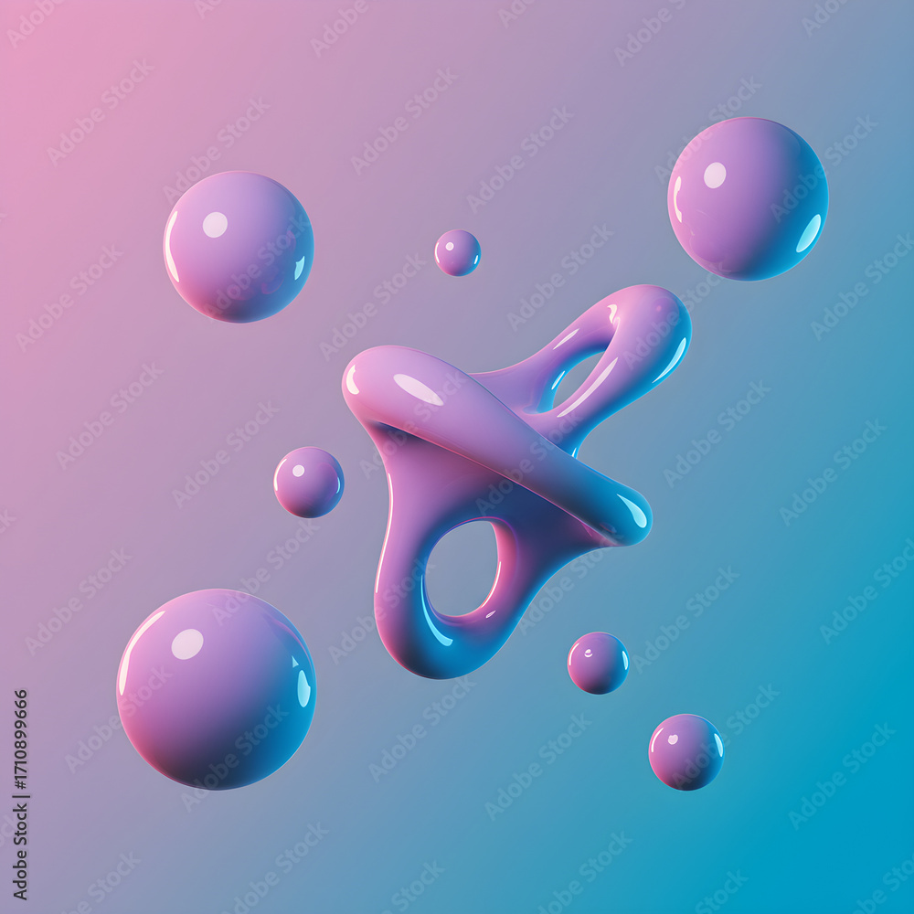 Poster a surreal 3d render of abstract pink and purple organic shapes floating against a gradient backgroun