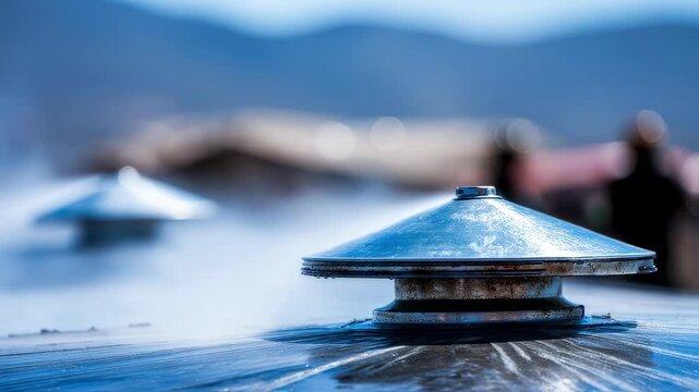 Medium shot capturing a gasbased fire suppression vent emitting inert gas focused vent with hazy chemical site structures softly out of focus for emergency safety emphasis.
