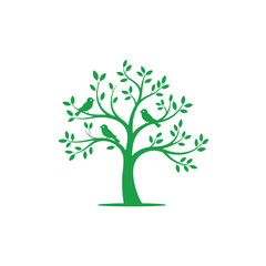 Obraz premium Tree with green leaves vector, Green Tree Silhouette with Birds on Branches 
