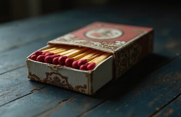 Open box of red tipped matches rests on a vintage blue wooden table. The antique box has a decorative pattern. A single red tipped match is ready to be struck.