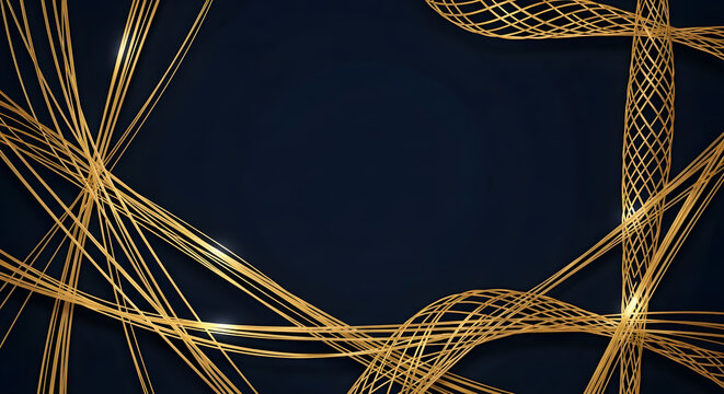 Abstract golden lines and curves forming an intricate pattern against a dark blue background, suggesting elegance and sophistication.