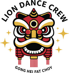 Fototapeta premium Lion Dance Crew – Traditional Chinese New Year Illustration with Gong Hei Fat Choy Greeting and Festive Lion Head