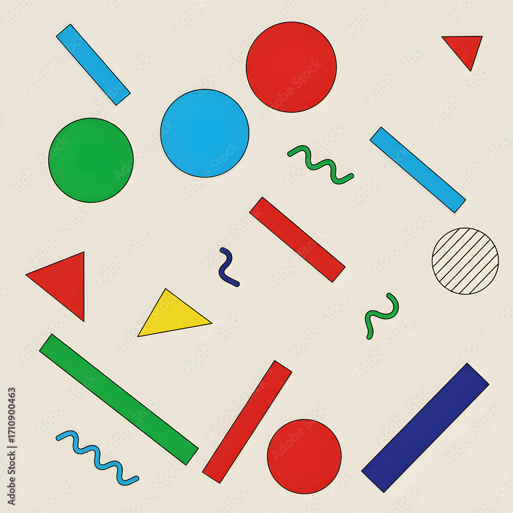 Poster a playful abstract composition featuring a variety of colorful geometric shapes and wavy lines scatt