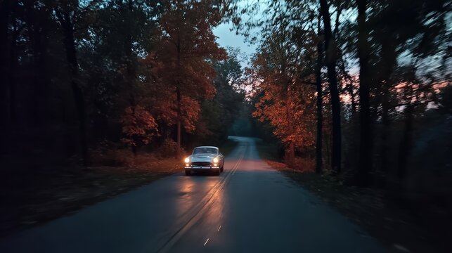 Fototapeta A cinematic shot of a vintage car driving down a deserted road lined with autumn trees at twilight. The mood is mysterious and nostalgic, like a film noir scene. Storytelling, atmospheric, retro. 