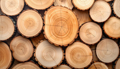 Wooden Texture: A close-up shot reveals a collection of neatly arranged tree log cross sections, displaying their intricate growth rings and natural wood grain.