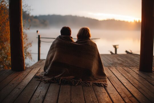 A couple wrapped in a single wool blanket, sitting on a wooden porch, watching the sunset over a misty lake in autumn. The scene is romantic and serene, with warm, glowing light. - Powered by Adobe