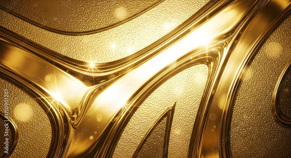 Poster abstract golden metallic curves with sparkling highlights and bokeh effects.