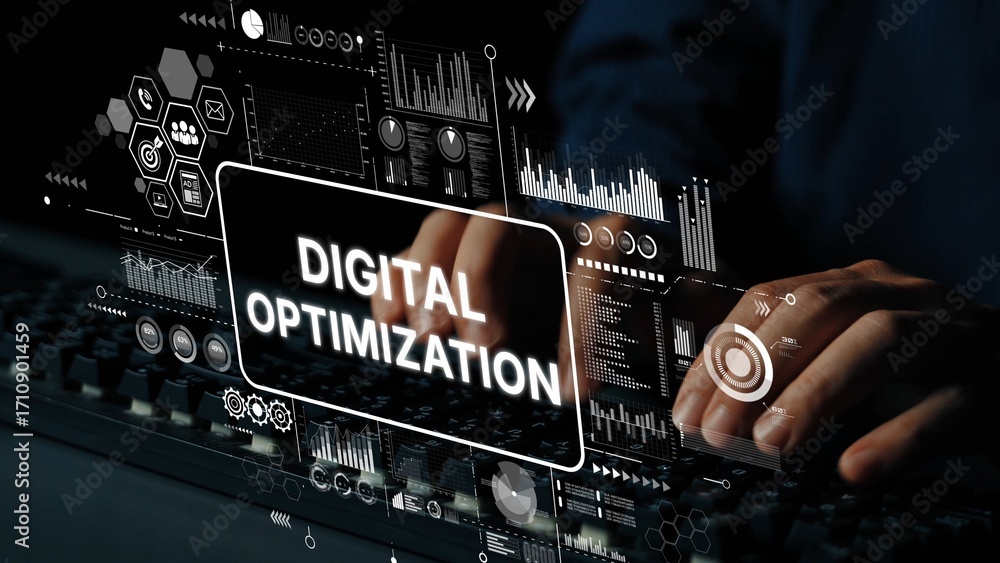 Poster Hands Typing on Keyboard with Digital Optimization Concept and Futuristic Interface Elements Visualizing Data Analysis and Technology Progress. Asymptotic smart data analytic.