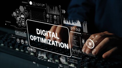 Hands Typing on Keyboard with Digital Optimization Concept and Futuristic Interface Elements Visualizing Data Analysis and Technology Progress. Asymptotic smart data analytic.