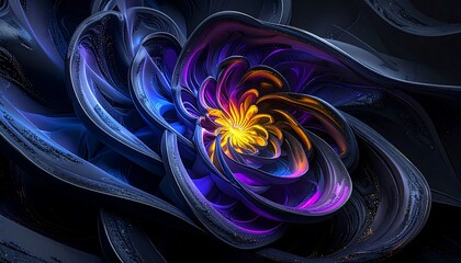 A swirling, vibrant flower-like design, with deep blues, purples, and golds, captivates the viewer in a dark space.