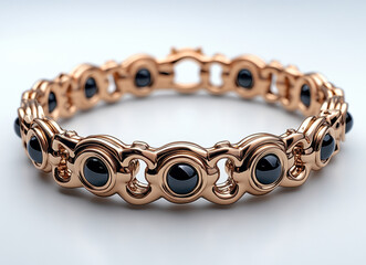 Elegant Hyperealistic Rose Gold Girdle Bracelet with Black Gemstones on White Background