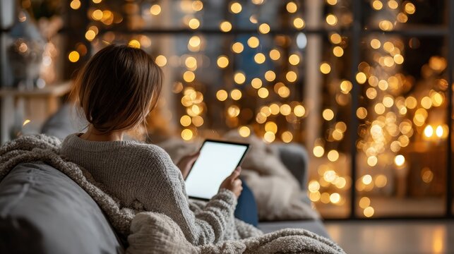 A person sitting comfortably on a sofa, shopping online for holiday gifts on a tablet during Cyber Monday. The room is decorated with early Christmas lights. Cozy, modern, e-commerce concept.
