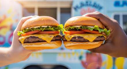 Couple holding two delicious cheeseburgers with a food truck behind