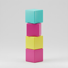 Obraz premium A stack of four colorful toy blocks, teal, pink, yellow, and pink, arranged vertically against a plain white background.