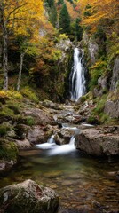 Fototapeta premium A vertical panorama of a waterfall in an autumn forest, with the water cascading over rocks surrounded by colorful foliage. Long exposure to create silky smooth water. 