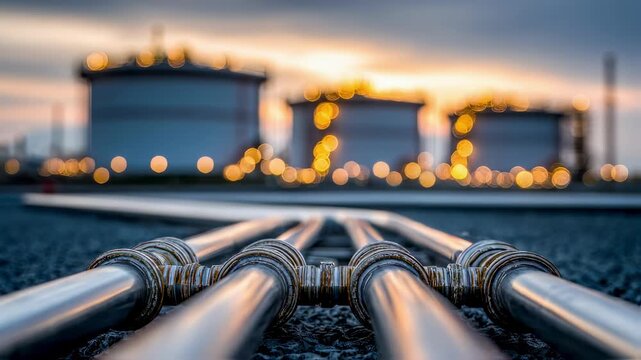 Concentrated shot of liquefied gas transfer hoses in an LNG plant foreground crisp and detailed with modular tank silhouettes softly blurred behind