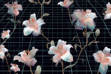 A vintage floral seamless pattern with pink blossoms, a butterfly, and leaves on a decorative background