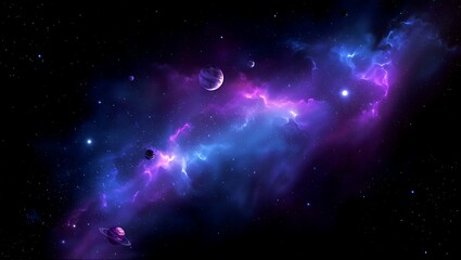 Mystical space scene with vibrant nebula and planets illustration