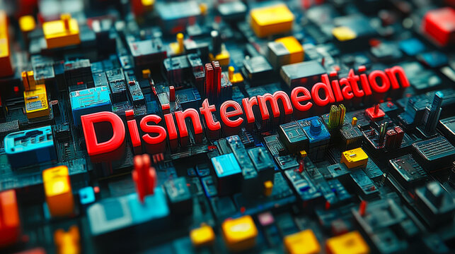 Red Disintermediation Text on Digital Circuit Board Background, Modern Technology, Financial Disruption, Blockchain Concept, Future Business Model