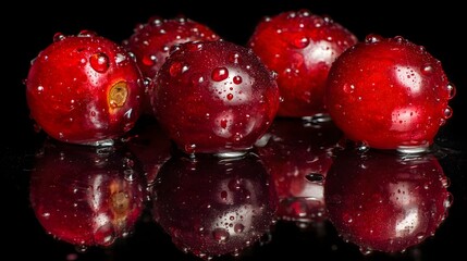 Grapes with water droplets on reflective black surface, clean right side for UI elements 