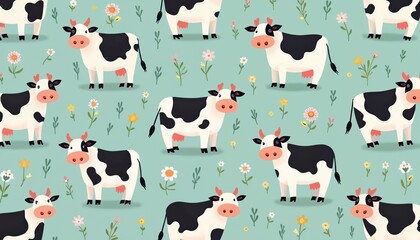 Obraz premium Cute cartoon cows form seamless pattern on light blue-green background. Black, white spotted cattle stand among colorful flowers, green leaves. Funny farm animal pattern for kids textile, nursery,