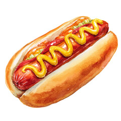 Hot Dog, watercolor painting, vector illustration, isolated on a white background.