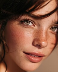 clean beauty portrait, dewy skin, minimal makeup, soft side light, neutral backdrop, inclusive 