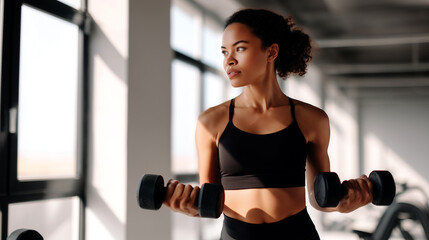 Athletic woman doing dumbbell workout in modern gym. Fitness training exercise with weights for strength building and muscle toning. Healthy lifestyle and wellness motivation concept indoors.