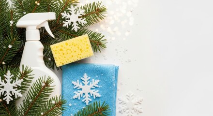 Holiday cleaning service banner with supplies and festive decorations - commercial cleaning concept