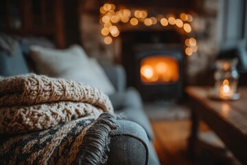 Cozy living room vignette: soft blanket on sofa arm, fireplace bokeh, warm tones, copy-safe area 