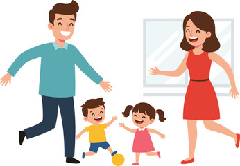 Happy cartoon family playing indoors, parents bonding with kids, joyful childhood moment, home activity, parenting, love, laughter, connection, togetherness, care