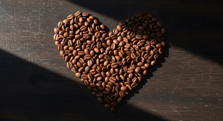 A heart shape made of roasted coffee beans placed on a dark wooden surface with natural light and shadows creating contrast.