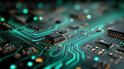Obraz premium Cyber Monday circuit-board abstract: macro shallow depth of field on generic PCB lines (no brands), cyan-teal luminescence, futuristic haze, large copy area, 
