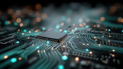 Obraz premium Cyber Monday circuit-board abstract: macro shallow depth of field on generic PCB lines (no brands), cyan-teal luminescence, futuristic haze, large copy area, clean and commercial 