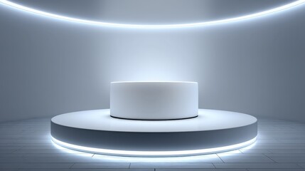 Fototapeta premium Cyber Monday minimal tech podium: soft white cyclorama, floating generic device silhouette glow, cool rim light, ample whitespace, ad-neutral