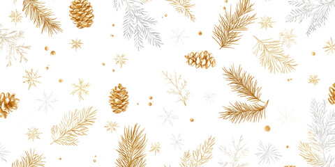 PNG A white background with glittering gold pine branches pattern illustration snowflakes.