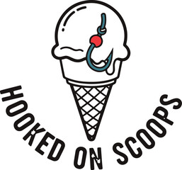 Hooked on Scoops – Funny Ice Cream Cone Illustration with Fishing Hook and Bobber, Playful Dessert Design