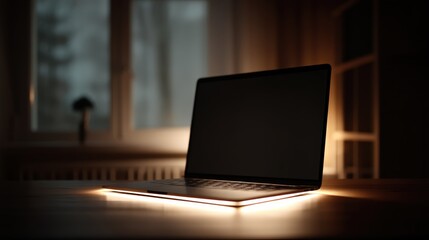 Cyber promo minimal device glow: silhouette glow of generic laptop and earbuds, cool ambient light, negative space right 