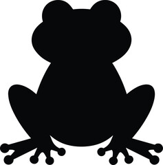 Black silhouette of a cute cartoon frog with a happy smile, stylized vector illustration of a friendly amphibian on a white background, isolated.