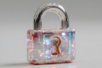 Crystal padlock isolated on white background with rainbow reflections