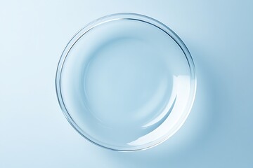 Clean Empty Glass Bowl, Studio Shot, Minimalist Blue Background, Serene Mood, Product Photography.