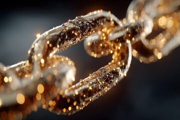 Close up of a metal chain link with glowing particles