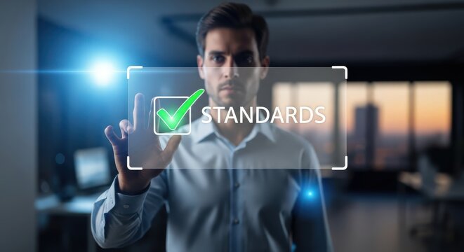 Business professional touching a holographic screen displaying the word standardization with a checkmark for approval