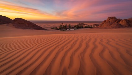 Scenic desert oasis landscape at sunset with beautiful sky view